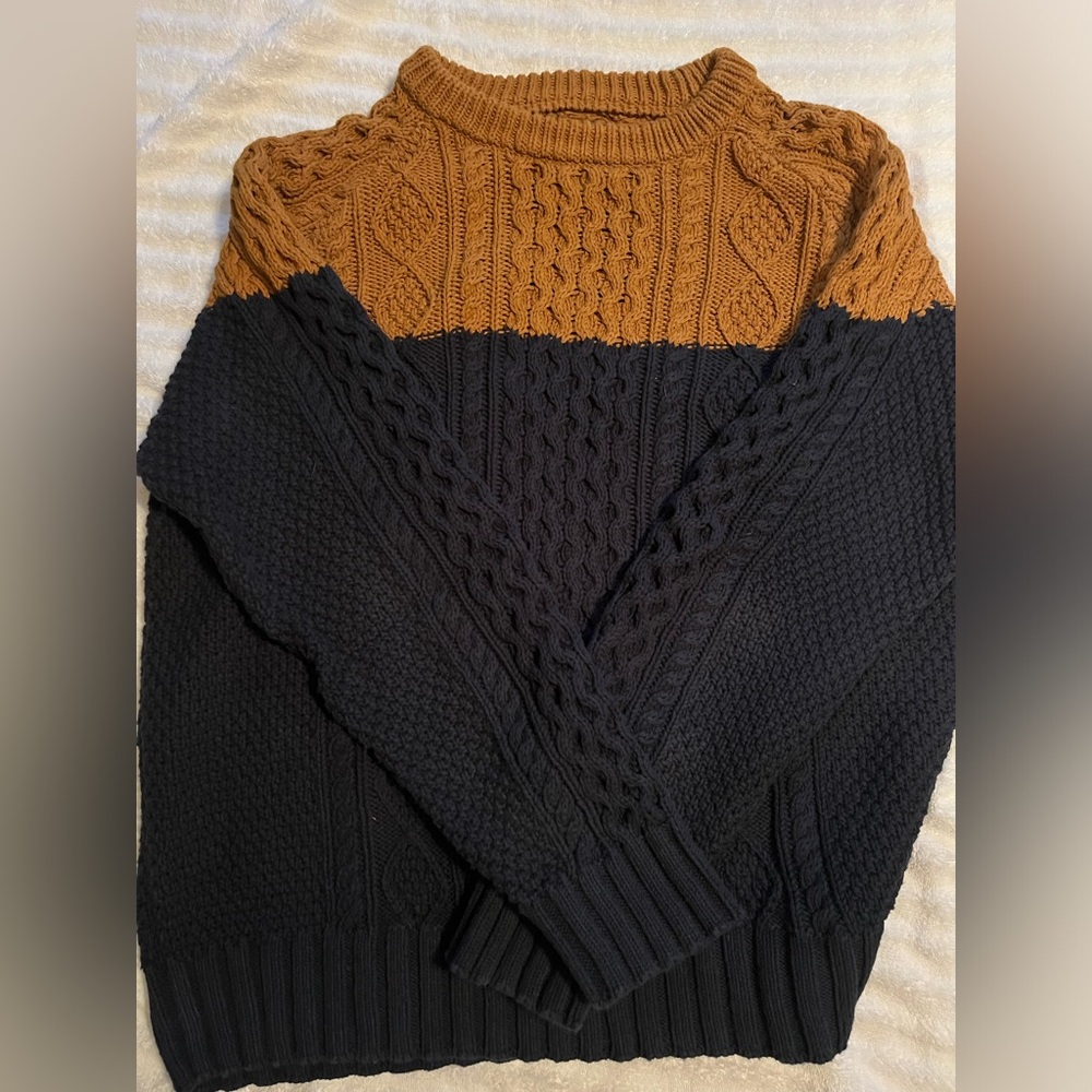 L.L. Bean Men’s Cable-Knit Crewneck Sweater in Brown and Black